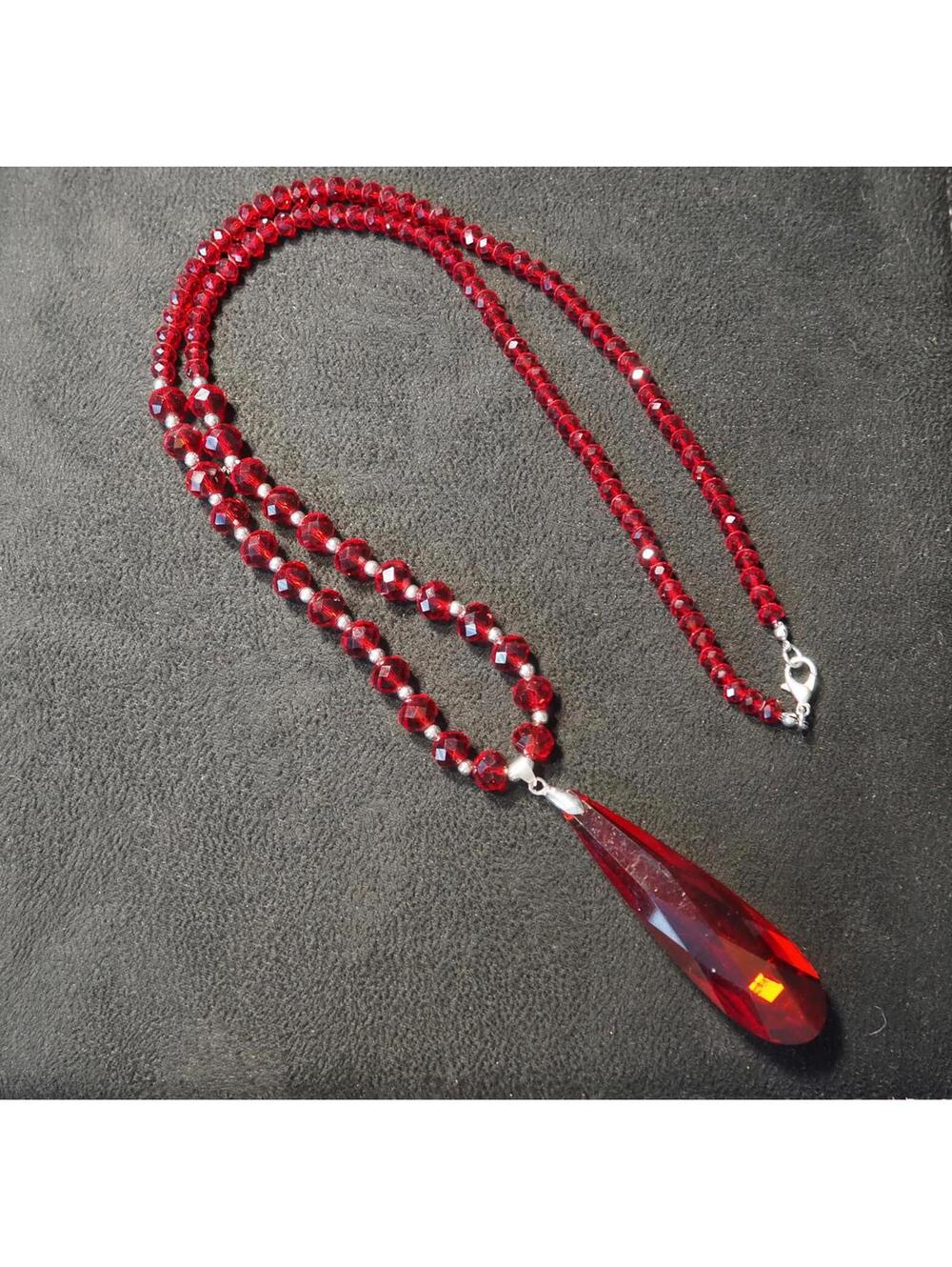 Vintage Translucent Red Faceted Crystal Bead Necklace with Teardrop Pendant